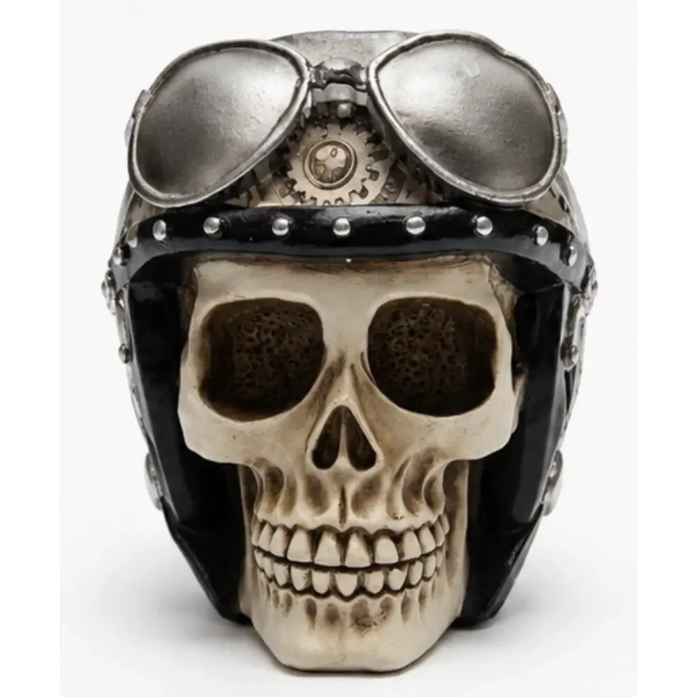 Steampunk Skull Helmet Figurine Resin Statue Gothic Decor Motorcycle Goggles 7”